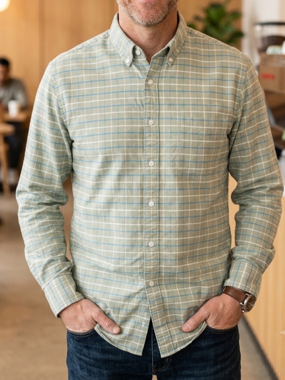 J. Crew Men's Sage Plaid‎ Button-Down Shirt